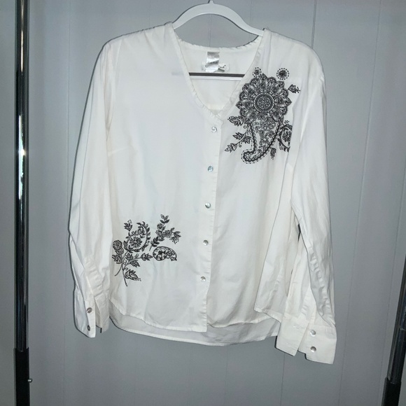 Coldwater Creek cotton blend off white button front embroidered blouse Sz L - Picture 1 of 5